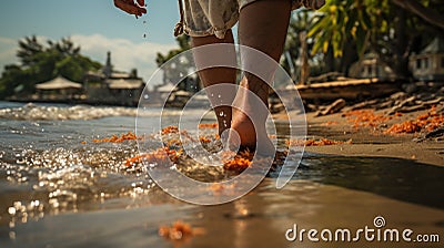 Footprints in the Sand: Tranquil Barefoot Beach Stroll Stock Photo