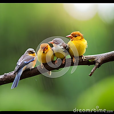 natural panoramic photo with little funny birds and Chicks sitting on a branch in summer garden AI generated Stock Photo