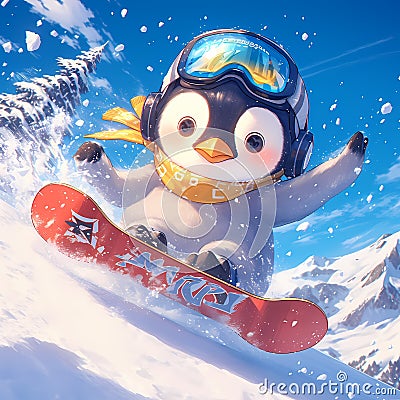 Cute Penguin Snowboarding Adventure! Stock Photo