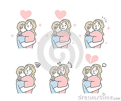 Embraces loving couple vector illustration set Emotional variations Vector Illustration