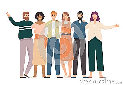 Embracing friends group portrait. Happy students, school teenagers friends stand together and friendship vector illustration Vector Illustration