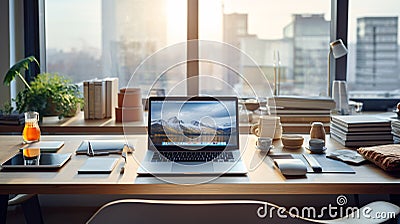 Embracing the Digital Era with an Ideal Workspace Bathed in Bright Hues and Detail Stock Photo