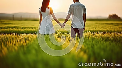 Embracing Serenity, Couple's Hand-in-Hand Stroll through a Sunset Field. Generative AI Stock Photo