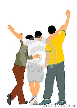 Embracing student friends waving hands vector illustration isolated on white. Happy boys and girls tourists hand wave saying hi Cartoon Illustration