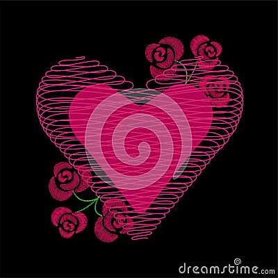 Embrodery flowers, haert. Valentin day Design pattern. Vector Illustration