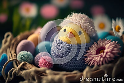 Embroided chick in an easter nest with easter eggs and spring flowers, generative ai Stock Photo