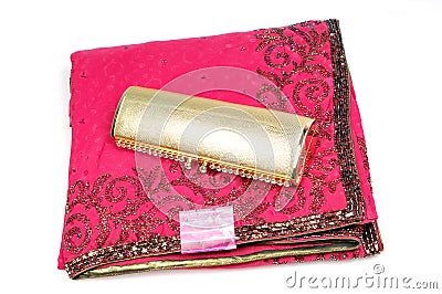 Embroided pink saree with golden purse Stock Photo