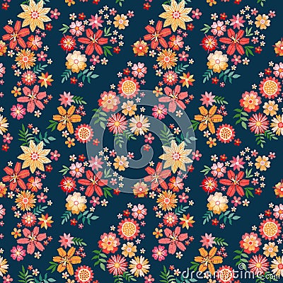 Embroidered bright floral islets on a dark blue background. Vector Illustration