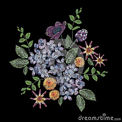 Embroidered composition with branch of lilac, flowers and leaves. Satin stitch embroidery floral design on black Vector Illustration