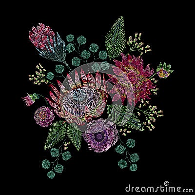 Embroidered composition with wild and garden flowers, buds and leaves. Satin stitch embroidery floral design on black Vector Illustration