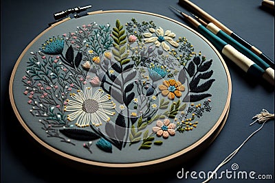 Embroidered fancy flowers. Modern needlework and hobby. 3D embroidery design. AI generated Stock Photo