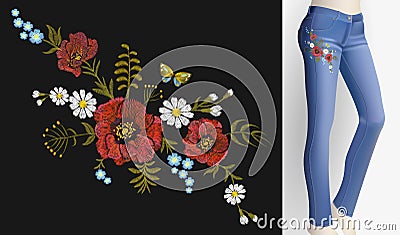 Embroidered flower patch rose poppy daisy herbs. Women slim jeans pair decoration floral ornament print sticker Vector Illustration