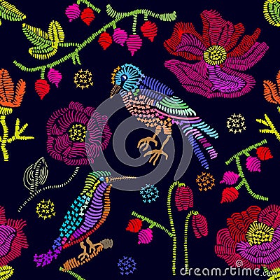 Embroidered flowers and birds on black background. Vector Illustration