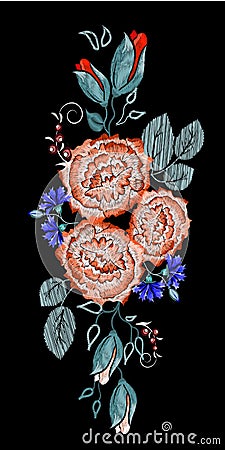 Embroidered folk ornament of orange roses, butterfly and other wildflowers Vector Illustration