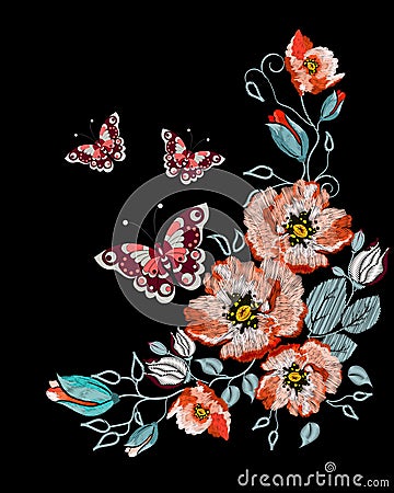 Embroidered folk ornament of orange roses, red butterfly and other wildflowers Vector Illustration