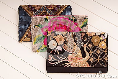 Embroidered handbags, three handbags with embroidery, clutches o Stock Photo