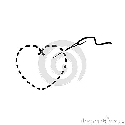 Embroidered heart with needle black and white illustration Cartoon Illustration