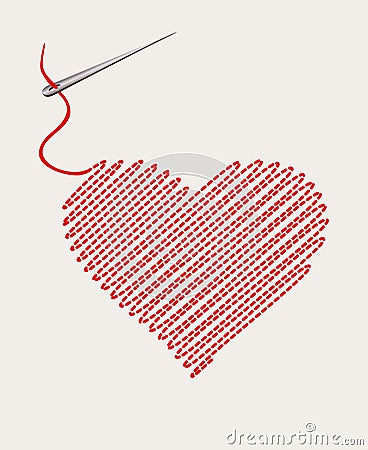 Embroidered heart with a needle thread Vector Illustration