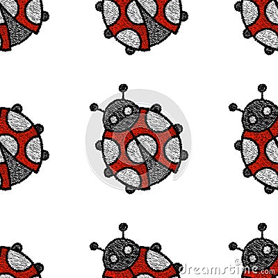 Embroidered ladybug on a white background - seamless pattern. Ha Vector Illustration