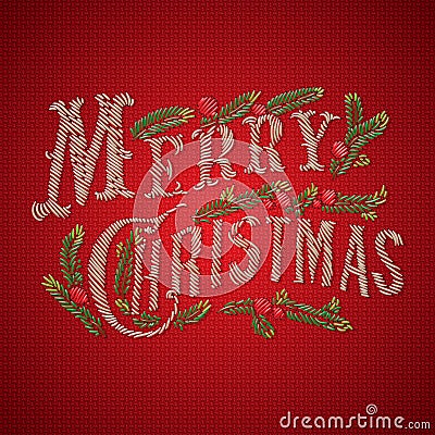 Embroidered Merry Christmas card Vector Illustration