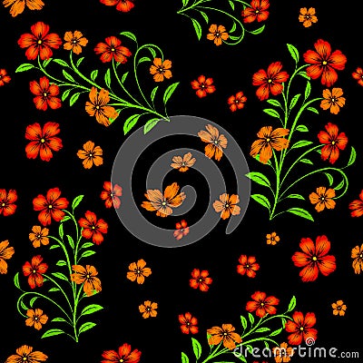 Embroidered red flowers on black background Stock Photo
