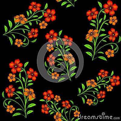 Embroidered red flowers on black background seamless pattern Stock Photo