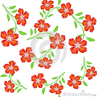 Embroidered red orange flowers on white background seamless pat Stock Photo