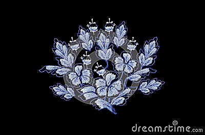 Embroidered satin stitch, bouquet of blue flowers and buds with leaves on a black background Stock Photo