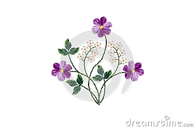 Pattern of satin stitch with bouquet purple violets and twigs with white small flowers on white background Stock Photo