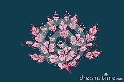 Embroidered satin stitch bouquet of red pink flowers with leaves on gray blue background Stock Photo