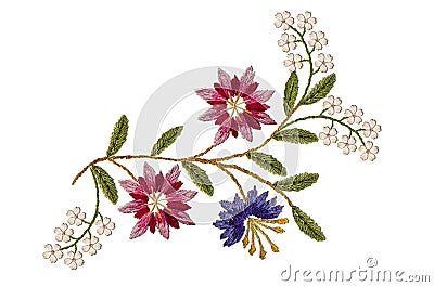 Embroidered satin stitch wavy sprig with pink- red and purple cornflowers and white flowers on white background Stock Photo