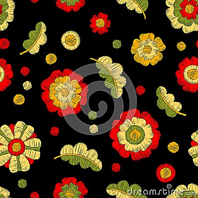 Embroidered seamless floral pattern. Handmade. Colorful embroide Cartoon Illustration