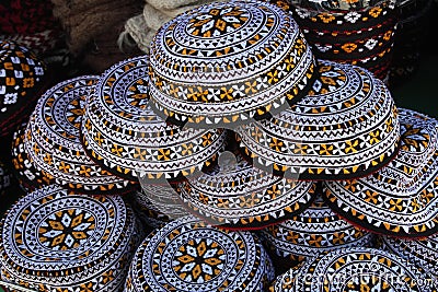 Embroidered skull-caps. Turkmenistan. Ashkhabad Stock Photo