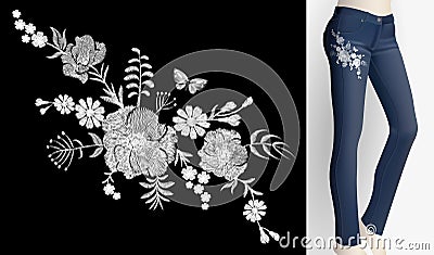 Embroidered white flower patch rose poppy daisy herbs. Women slim jeans pair decoration floral ornament print embroidery Vector Illustration