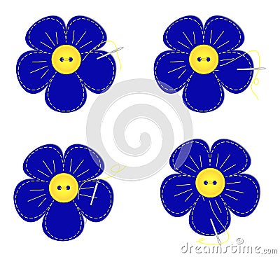 Needlework. Embroidery-appliqué blue flower. A set of illustrations with different moments of embroidery. Vector. Exclusive. Cartoon Illustration