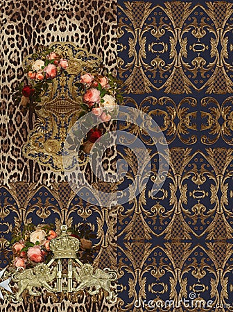 Embroidery baroque gold animal print flowers roses Stock Photo