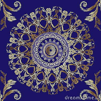 Embroidery Baroque seamless mandalas pattern. Vector gold tapestry floral ornament. Grunge texture. Embroidered ornate vintage Vector Illustration