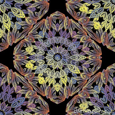 Embroidery baroque vector seamless pattern. Colorful floral grunge background. Tapestry mandalas. Stitching damask flowers, leaves Vector Illustration