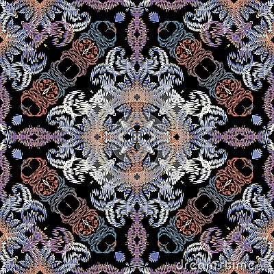 Embroidery baroque vector seamless pattern. Colorful floral grunge background. Tapestry wallpaper. Stitching damask flowers, Vector Illustration