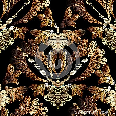 Embroidery baroque vector seamless pattern. Gold floral grunge d Vector Illustration