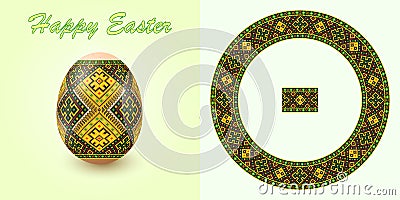 Embroidery Best Easter World Egg. Round ornament like handmade cross-stitch ethnic Ukraine pattern. Vector Illustration