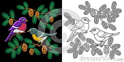 Embroidery birds design Vector Illustration