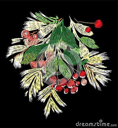 Embroidery on a black background. Christmas Vector Illustration