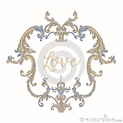 Embroidery with blue and beige vintage frame Vector Illustration