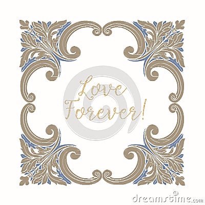 Embroidery with blue and beige vintage frame Vector Illustration