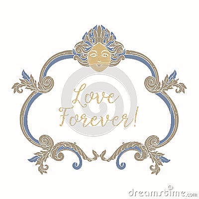 Embroidery with blue and beige vintage frame Vector Illustration