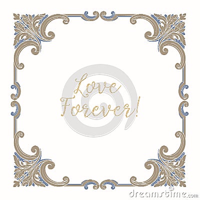 Embroidery with blue and beige vintage frame Vector Illustration
