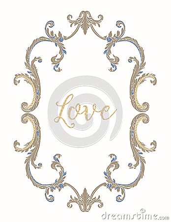 Embroidery with blue and beige vintage frame Vector Illustration