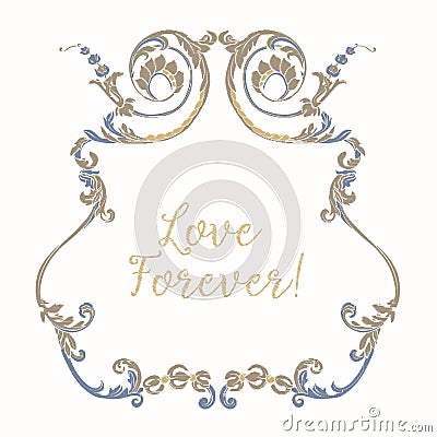 Embroidery with blue and beige vintage frame Vector Illustration