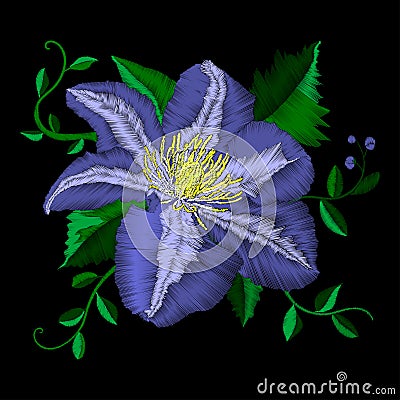 Embroidery blue flower angle pattern. Vector traditional folk blue clematis on black background for clothing design Vector Illustration